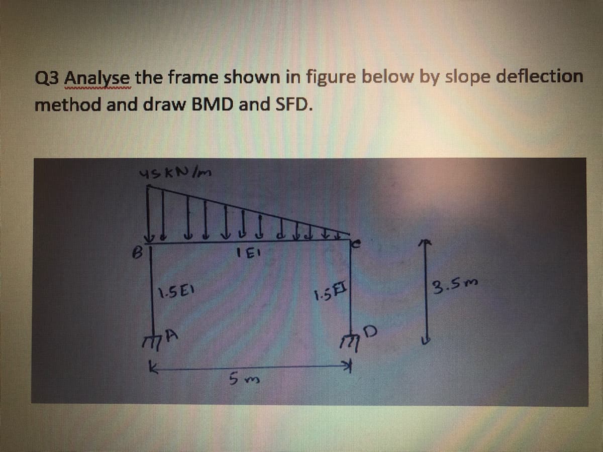 Q3 Analyse the frame shown in figure below by slope deflection
method and draw BMD and SFD.
MSKN/m
1.5E1
1.5EI
3.5m
5 m
大不
