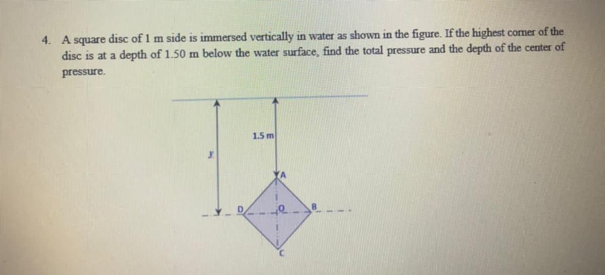 A square disc of 1 m side is immersed vertically in water as shown in the figure. If the highest comer of the
disc is at a depth of 1.50 m below the water surface, find the total pressure and the depth of the center of
4.
pressure.
1.5 m
(A
B.
