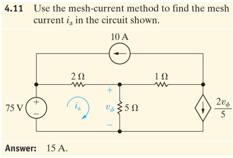 4.11 Use the mesh-current method to find the mesh
current i, in the circuit shown.
10 A
1Ω
75 V
ia
350
Answer: 15 A.
