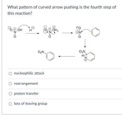 What pattern of curved arrow pushing is the fourth step of
this reaction?
OH
O,N.
O,N
nucleophilic attack
O rearrangement
O proton transfer
loss of leaving group
