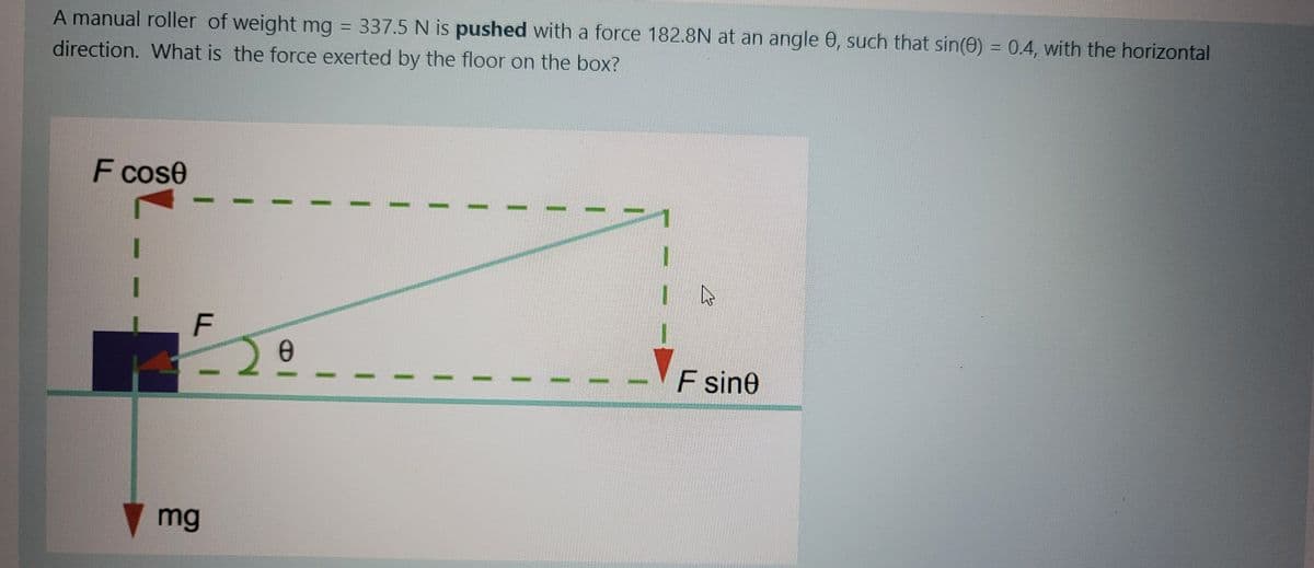 A manual roller of weight mg = 337.5 N is pushed with a force 182.8N at an angle 0, such that sin(e) = 0.4, with the horizontal
direction. What is the force exerted by the floor on the box?
F cose
F sine
mg
