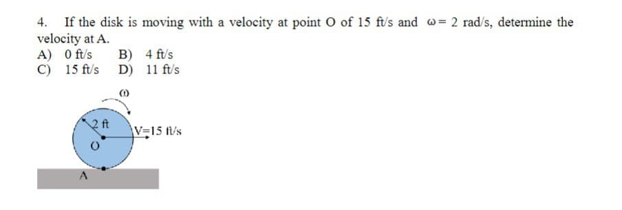 If the disk is moving with a velocity at point O of 15 ft/s and w= 2 rad/s, determine the
velocity at A.
A) 0 ft/s
C) 15 ft/s
B)
4 ft/s
D)
11 ft/s
V=15 ft/s
