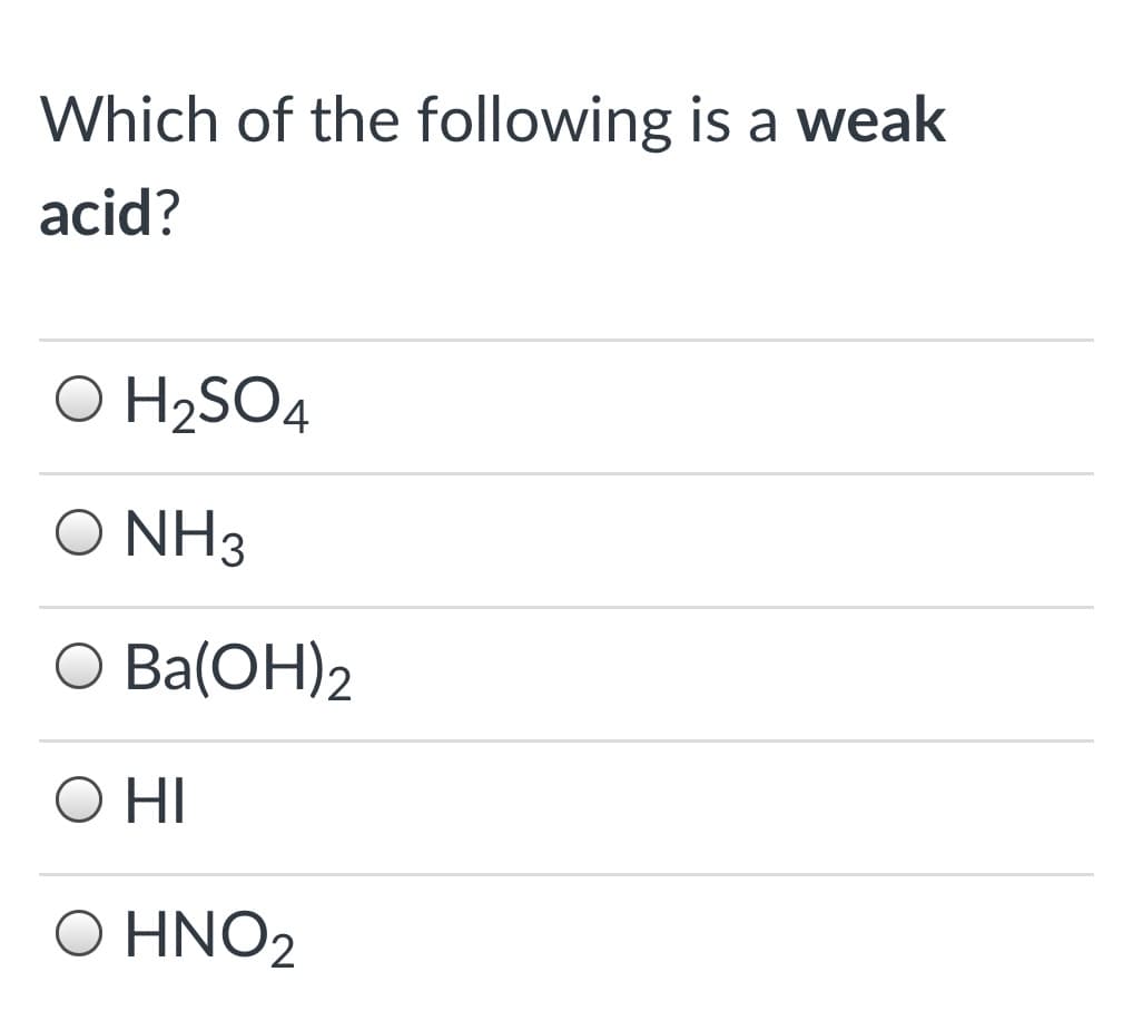 Which of the following is a weak
acid?
O H2SO4
O NH3
О Ba(ОН)2
HI
Ο ΗΝΟ
