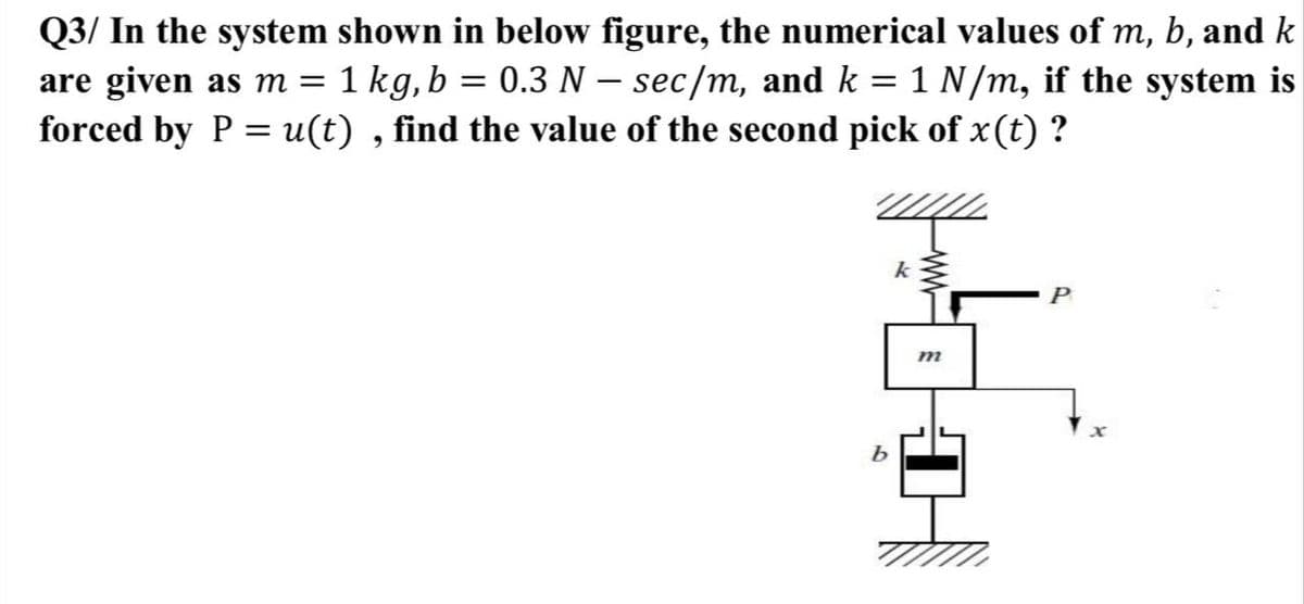 Q3/ In the system shown in below figure, the numerical values of m, b, and k
are given as m = 1 kg,b = 0.3 N – sec/m, and k = 1 N/m, if the system is
forced by P = u(t) , find the value of the second pick of x(t) ?
m
