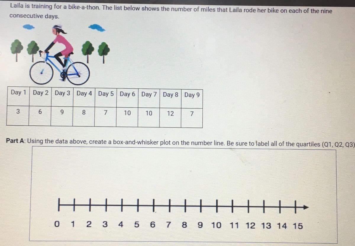 Laila is training for a bike-a-thon. The list below shows the number of miles that Laila rode her bike on each of the nine
consecutive days.
Day 1 Day 2 Day 3 Day 4 Day 5 Day 6 Day 7 Day 8 Day 9
3
6
9
8
7
10
10
12
7
Part A: Using the data above, create a box-and-whisker plot on the number line. Be sure to label all of the quartiles (Q1, Q2, Q3)
0 1 2 3 4 5 6 7 8 9 10
9
10 11 12 13 14 15