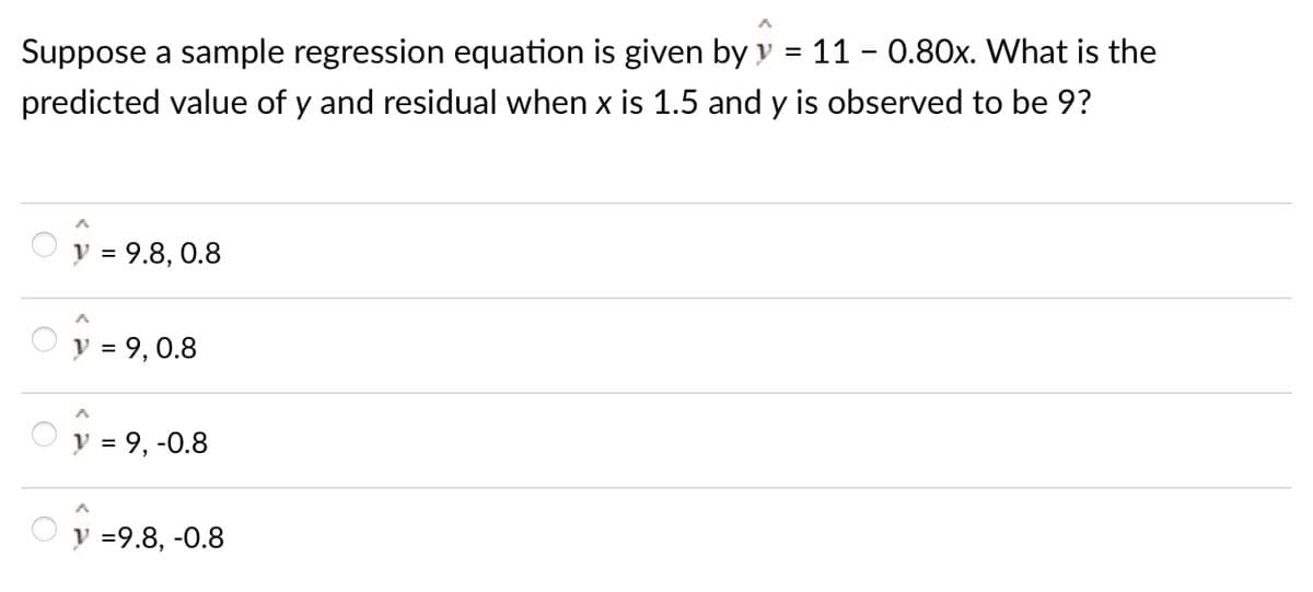 Suppose a sample regression equation is given by y = 11 0.80x. What is the
predicted value of y and residual when x is 1.5 and y is observed to be 9?
y = 9.8, 0.8
y = 9, 0.8
y = 9, -0.8
y =9.8, -0.8