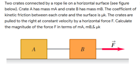 Two crates connected by a rope lie on a horizontal surface (see figure
below). Crate A has mass mA and crate B has mass mB. The coefficient of
kinetic friction between each crate and the surface is uk. The crates are
pulled to the right at constant velocity by a horizontal force F. Calculate
the magnitude of the force F in terms of mA, mB,& µk
t
F
A
B
