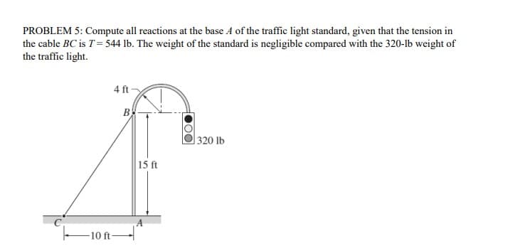 PROBLEM 5: Compute all reactions at the base A of the traffic light standard, given that the tension in
the cable BC is T= 544 lb. The weight of the standard is negligible compared with the 320-lb weight of
the traffic light.
4 ft-
B
320 lb
15 ft
10 ft-
