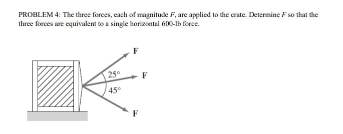 PROBLEM 4: The three forces, each of magnitude F, are applied to the crate. Determine F so that the
three forces are equivalent to a single horizontal 600-lb force.
F
25°
F
45°
F
