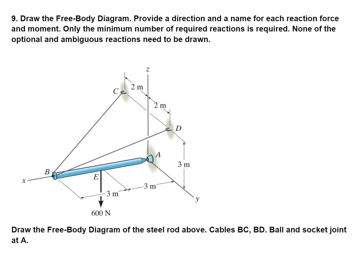 9. Draw the Free-Body Diagram. Provide a direction and a name for each reaction force
and moment. Only the minimum number of required reactions is required. None of the
optional and ambiguous reactions need to be drawn.
2 m
2 m
D
3 m
В
E
-3 m'
3 m
600 N
Draw the Free-Body Diagram of the steel rod above. Cables BC, BD. Ball and socket joint
at A.
