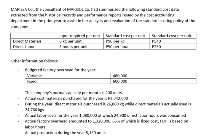 MARISSA Co., the consultant of MARISOL Co. had summarized the following standard cost data
extracted from the historical records and performance reports issued by the cost accounting
department in the prior year to assist in her analysis and evaluation of the standard costing policy of the
company:
Input required per unit
6 kg per unit
5 hours per unit
Standard cost per unit Standard cost per unit
P90 per kg
P50 per hour
Direct Materials
P540
Direct Labor
P250
Other information follows:
Budgeted factory overhead for the year:
Variable
480,000
600,000
Fixed
The company's normal capacity per month is 400 units
Actual cost materials purchased for the year is P2,342,000
During the year, direct materials purchased is 26,880 kg while direct materials actually used is
24,760 kgs
Actual labor costs for the year 1,080,000 of which 24,900 direct labor hours was consumed
Actual factory overhead amounted to 1,320,000, 65% of which is fixed cost, FOH is based on
labor hours
Actual production during the year 5,150 units
