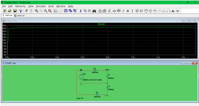 LTspice XVII - Draft1.asc
Eile Edit Hjerarchy View Simulate Tools Window Help
QQQ 四色
|et甲之+3字DO
Aa op
( Drat1asc Dat
2Draft1.raw
Vlvout)
20V
18V-
16V-
14V-
12V
1ov-
8V
6V-
4V-
2V-
ov-
0.0s
0.2s
0.4s
0.6
1.0s
( Draft1.asc
Vout
IN4148
VAC
1000uf
SINE(O 10 60 00 0 100)
C2
1000uf
IN4148
tran 1.5
