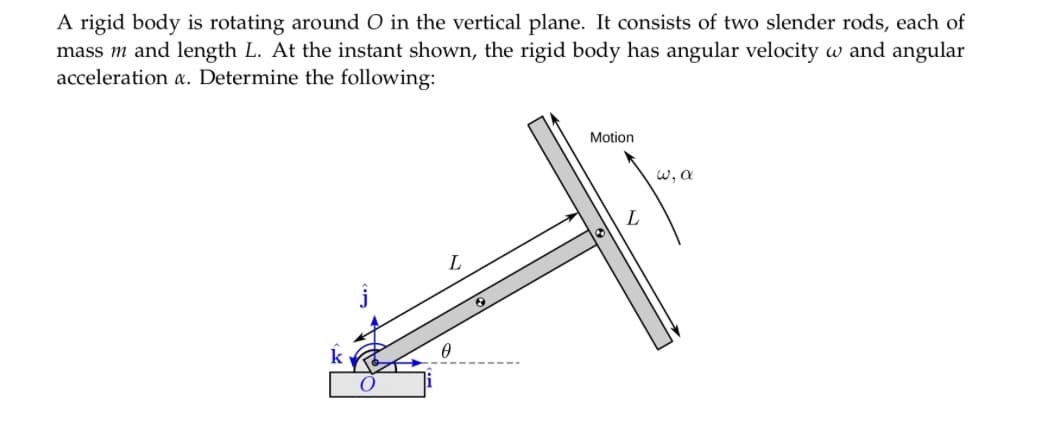 A rigid body is rotating around O in the vertical plane. It consists of two slender rods, each of
mass m and length L. At the instant shown, the rigid body has angular velocity w and angular
acceleration a. Determine the following:
L
0
8
Motion
L
,ليا