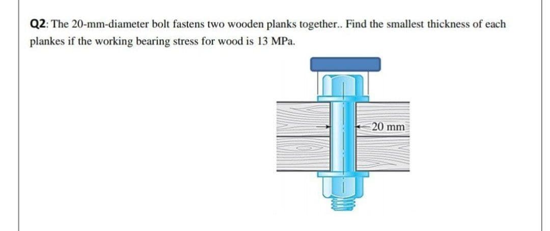 Q2: The 20-mm-diameter bolt fastens two wooden planks together.. Find the smallest thickness of each
plankes if the working bearing stress for wood is 13 MPa.
20 mm
