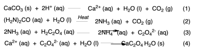 СаCОз (s) + 2н* (аq)
Са2* (аq) + Hа0 () + СО2 (9)
(1)
Нeat
(H-N)2CO (аq) + Hа0 ()
2NH3 (aq) + CO2 (g)
(2)
2NH3 (aq) + H2C,04 (аq)
2NĦ, Taq) + C204²° (aq)
(3)
Са2* (аq) + C20,2 (aq) + Hа0 ()
CaC204 H2O (s)
(4)

