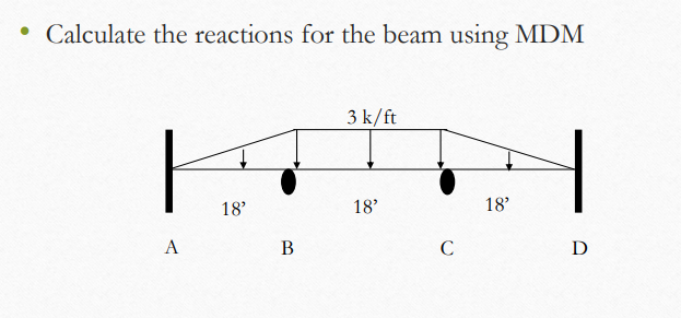 ●
Calculate the reactions for the beam using MDM
A
18'
B
3 k/ft
18'
C
18'
D