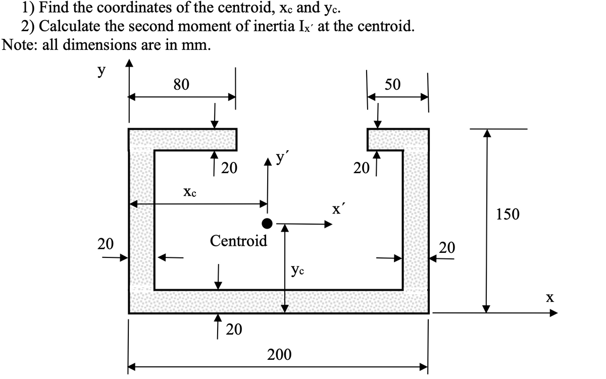 1) Find the coordinates of the centroid, xc and yc.
2) Calculate the second moment of inertia Ix' at the centroid.
Note: all dimensions are in mm.
y
20
80
Xc
20
Centroid
20
yc
200
x'
20
50
20
।
150
X