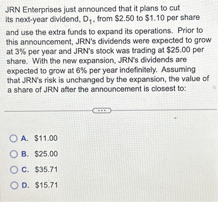 JRN Enterprises just announced that it plans to cut
its next-year dividend, D₁, from $2.50 to $1.10 per share
and use the extra funds to expand its operations. Prior to
this announcement, JRN's dividends were expected to grow
at 3% per year and JRN's stock was trading at $25.00 per
share. With the new expansion, JRN's dividends are
expected to grow at 6% per year indefinitely. Assuming
that JRN's risk is unchanged by the expansion, the value of
a share of JRN after the announcement is closest to:
OA. $11.00
B. $25.00
OC. $35.71
O D. $15.71