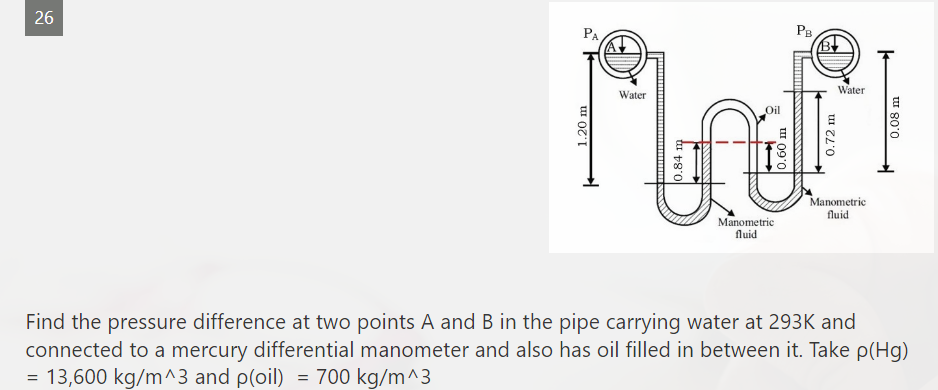 26
PA
PB
Water
Water
Oil
Manometric
fluid
Manometric
fluid
Find the pressure difference at two points A and B in the pipe carrying water at 293K and
connected to a mercury differential manometer and also has oil filled in between it. Take p(Hg)
= 13,600 kg/m^3 and p(oil)
700 kg/m^3
1.20 m
tu t8'0
0.60 m
0.72 m
0.08 m
