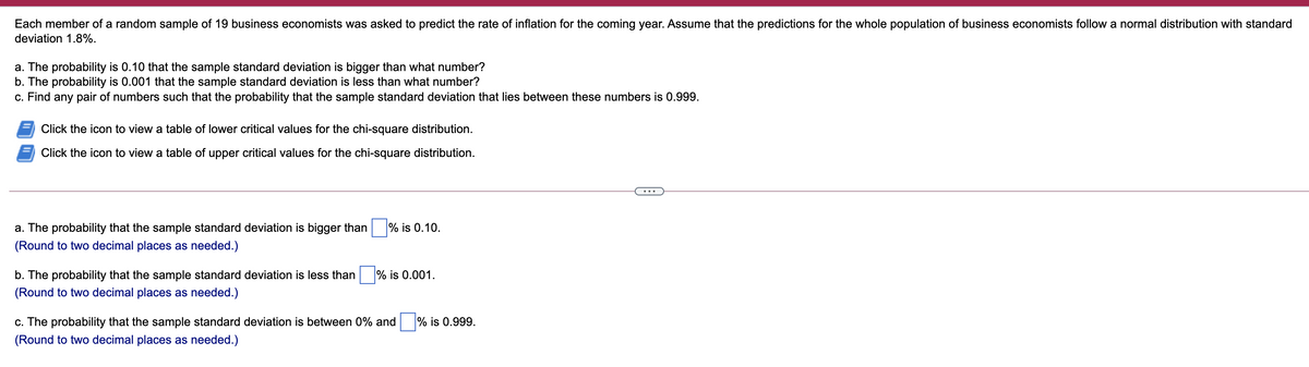 Each member of a random sample of 19 business economists was asked to predict the rate of inflation for the coming year. Assume that the predictions for the whole population of business economists follow a normal distribution with standard
deviation 1.8%.
a. The probability is 0.10 that the sample standard deviation is bigger than what number?
b. The probability is 0.001 that the sample standard deviation is less than what number?
c. Find any pair of numbers such that the probability that the sample standard deviation that lies between these numbers is 0.999.
Click the icon to view a table of lower critical values for the chi-square distribution.
Click the icon to view a table of upper critical values for the chi-square distribution.
a. The probability that the sample standard deviation is bigger than
% is 0.10.
(Round to two decimal places as needed.)
b. The probability that the sample standard deviation is less than % is 0.001.
(Round to two decimal places as needed.)
c. The probability that the sample standard deviation is between 0% and
% is 0.999.
(Round to two decimal places as needed.)
