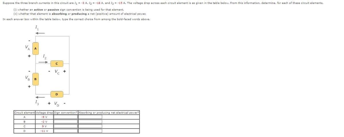 Suppose the three branch currents in this circuit are I₁ = -3 A, I₂ = -18 A, and I3 = -15 A. The voltage drop across each circuit element is as given in the table below. From this information, determine, for each of these circuit elements,
(i) whether an active or passive sign convention is being used for that element,
(ii) whether that element is absorbing or producing a net (positive) amount of electrical power.
In each answer box within the table below, type the correct choice from among the bold-faced words above.
V₂ B
A
B
A
C
D
1₁
A
B
1₂
1₂
+
Circuit element Voltage drop Sign convention? Absorbing or producing net electrical power?
-9 V
-2 V
C
9 V
-11 V
D