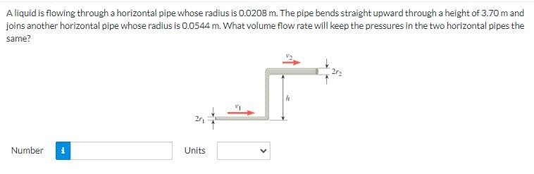 A liquid is flowing through a horizontal pipe whose radius is 0.0208 m. The pipe bends straight upward through a height of 3.70 m and
joins another horizontal pipe whose radius is 0.0544 m. What volume flow rate will keep the pressures in the two horizontal pipes the
same?
Number
Units
V1
h
202
