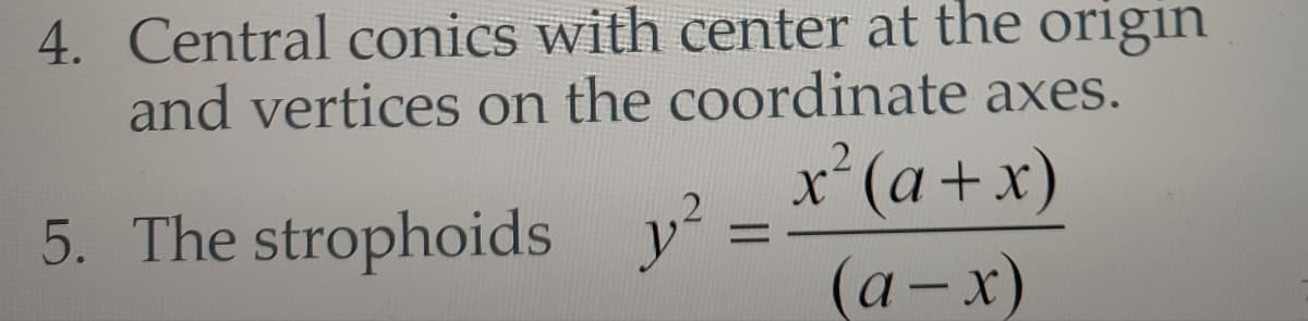 4. Central conics with center at the origin
and vertices on the coordinate axes.
x² (a + x)
5. The strophoids y²
(a-x)