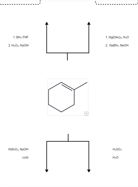 1. BHS-THF
2. H₂O2, NaOH
1. Hg(OAc)2, H₂O
2. NaBH4, NaOH
KMnO4, NaOH
H2SO4
cold
H₂O
