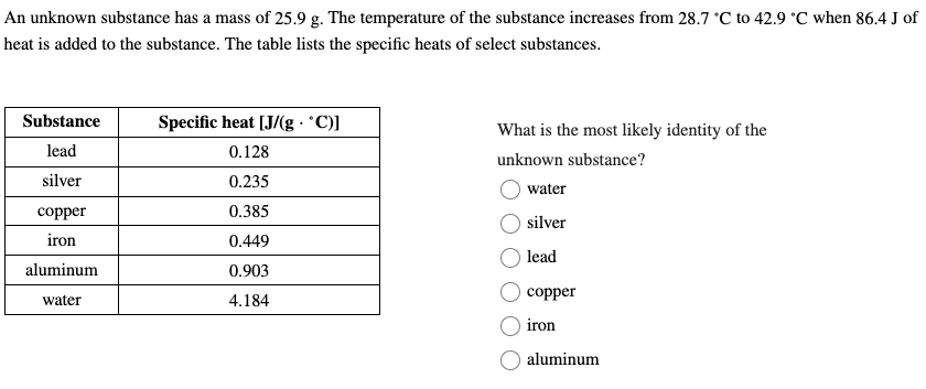 An unknown substance has a mass of 25.9 g. The temperature of the substance increases from 28.7 °C to 42.9 °C when 86.4 J of
heat is added to the substance. The table lists the specific heats of select substances.
Substance
lead
silver
copper
iron
aluminum
water
Specific heat [J/(g. °C)]
0.128
0.235
0.385
0.449
0.903
4.184
What is the most likely identity of the
unknown substance?
water
silver
lead
copper
iron
aluminum