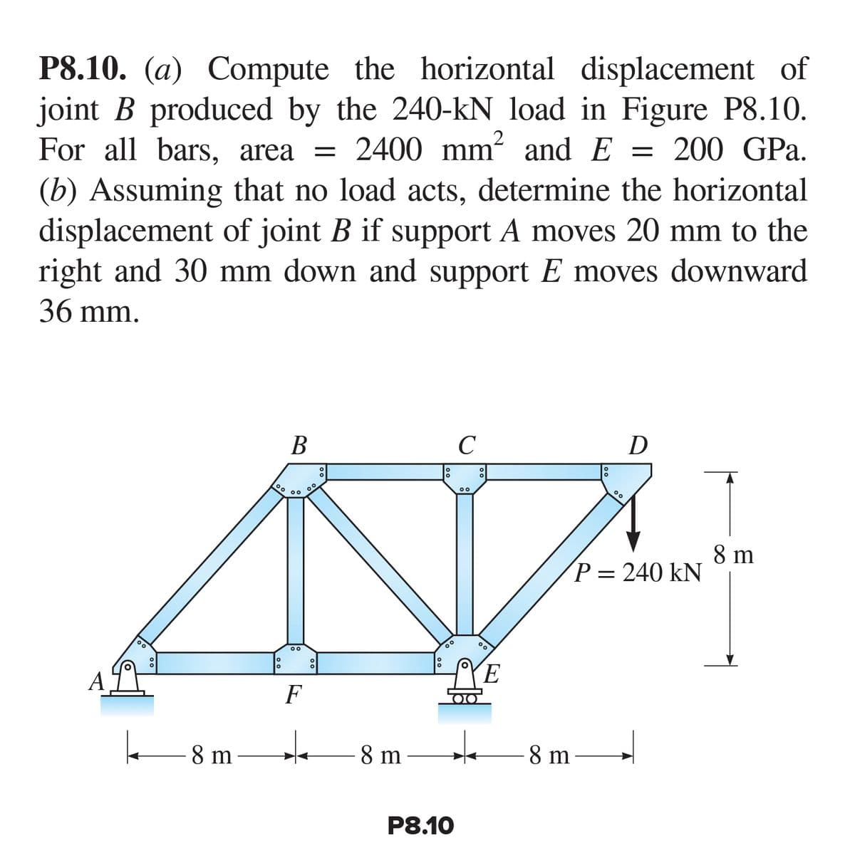 P8.10. (a) Compute the horizontal displacement of
joint B produced by the 240-kN load in Figure P8.10.
For all bars, area = 2400 mm² and E = 200 GPa.
(b) Assuming that no load acts, determine the horizontal
displacement of joint B if support A moves 20 mm to the
right and 30 mm down and support E moves downward
36 mm.
A
00
8 m
00
O
O
B
00
00
F
0°
°
*
18
:
00
C
P8.10
00
ºa
YE
8 m ↓
-8 m
°。
D
P = 240 kN
8 m