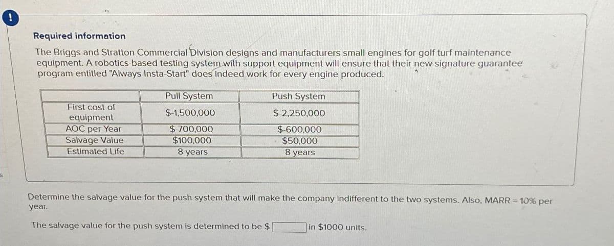 !
Required information
The Briggs and Stratton Commercial Division designs and manufacturers small engines for golf turf maintenance
equipment. A robotics-based testing system with support equipment will ensure that their new signature guarantee
program entitled "Always Insta-Start" does indeed work for every engine produced.
First cost of
equipment
AOC per Year
Salvage Value
Estimated Life
Pull System
$-1,500,000
$-700,000
$100,000
Push System
$-2,250,000
$-600,000
$50,000
8 years
8 years
Determine the salvage value for the push system that will make the company indifferent to the two systems. Also, MARR = 10% per
year.
The salvage value for the push system is determined to be $
in $1000 units.