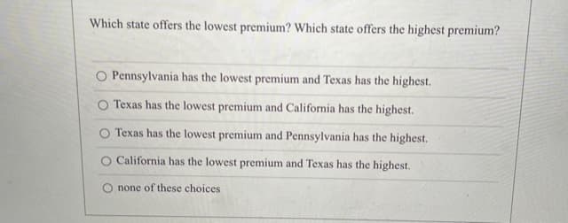 Which state offers the lowest premium? Which state offers the highest premium?
O Pennsylvania has the lowest premium and Texas has the highest.
O Texas has the lowest premium and California has the highest.
O Texas has the lowest premium and Pennsylvania has the highest.
O California has the lowest premium and Texas has the highest.
O none of these choices
