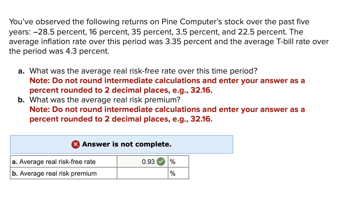You've observed the following returns on Pine Computer's stock over the past five
years: -28.5 percent, 16 percent, 35 percent, 3.5 percent, and 22.5 percent. The
average inflation rate over this period was 3.35 percent and the average T-bill rate over
the period was 4.3 percent.
a. What was the average real risk-free rate over this time period?
Note: Do not round intermediate calculations and enter your answer as a
percent rounded to 2 decimal places, e.g., 32.16.
b. What was the average real risk premium?
Note: Do not round intermediate calculations and enter your answer as a
percent rounded to 2 decimal places, e.g., 32.16.
× Answer is not complete.
a. Average real risk-free rate
b. Average real risk premium
0.93
%
%