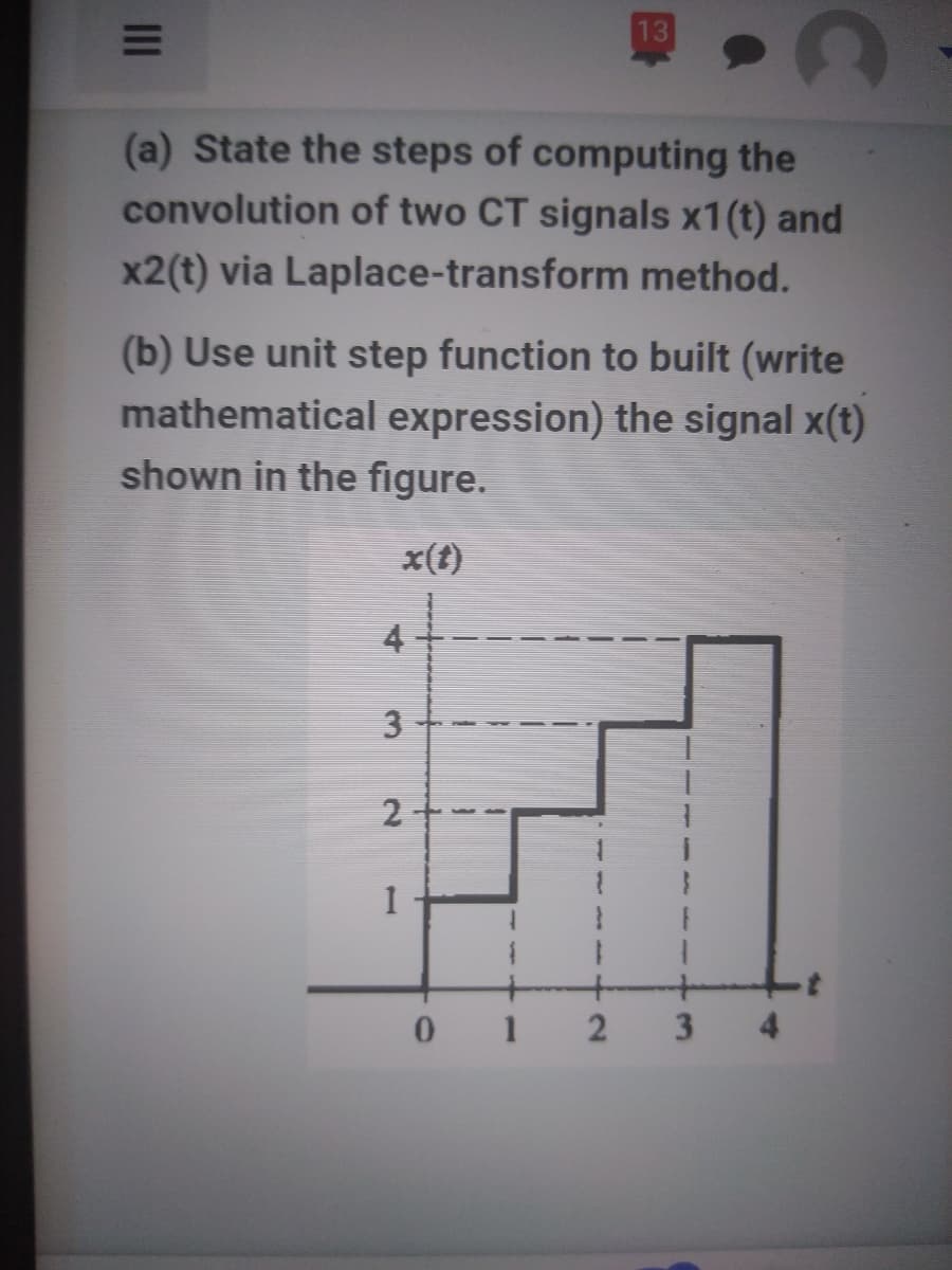 13
(a) State the steps of computing the
convolution of two CT signals x1(t) and
x2(t) via Laplace-transform method.
(b) Use unit step function to built (write
mathematical expression) the signal x(t)
shown in the figure.
x(t)
4
3
+.
3
0 1
1II

