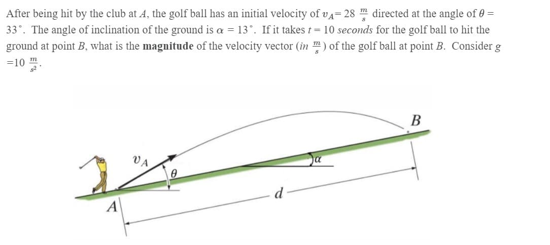After being hit by the club at A, the golf ball has an initial velocity of vA= 28 m directed at the angle of 0 =
33°. The angle of inclination of the ground is a = 13°. If it takes t = 10 seconds for the golf ball to hit the
ground at point B, what is the magnitude of the velocity vector (in m) of the golf ball at point B. Consider g
=10 m
В
VA
d
A
