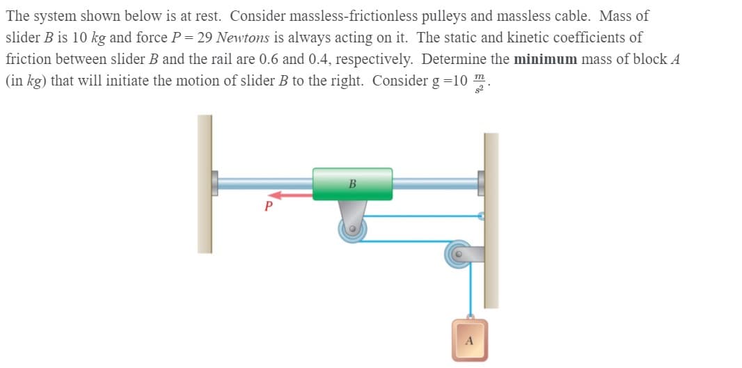 The system shown below is at rest. Consider massless-frictionless pulleys and massless cable. Mass of
slider B is 10 kg and force P = 29 Newtons is always acting on it. The static and kinetic coefficients of
friction between slider B and the rail are 0.6 and 0.4, respectively. Determine the minimum mass of block A
(in kg) that will initiate the motion of slider B to the right. Consider g =10 m.
