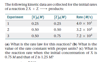 The following kinetic data are collected for the initial rates
of a reaction 2 X + Z→ products:
Experiment
[X ]o(M)
[Z]o(M)
Rate (M/s)
0.25
0.25
4.0 x 10!
0.50
0.50
3.2 x 102
0.50
0.75
7.2 x 102
(a) What is the rate law for this reaction? (b) What is the
value of the rate constant with proper units? (c) What is
the reaction rate when the initial concentration of X is
0.75 M and that of Z is 1.25 M?
2.
3.
