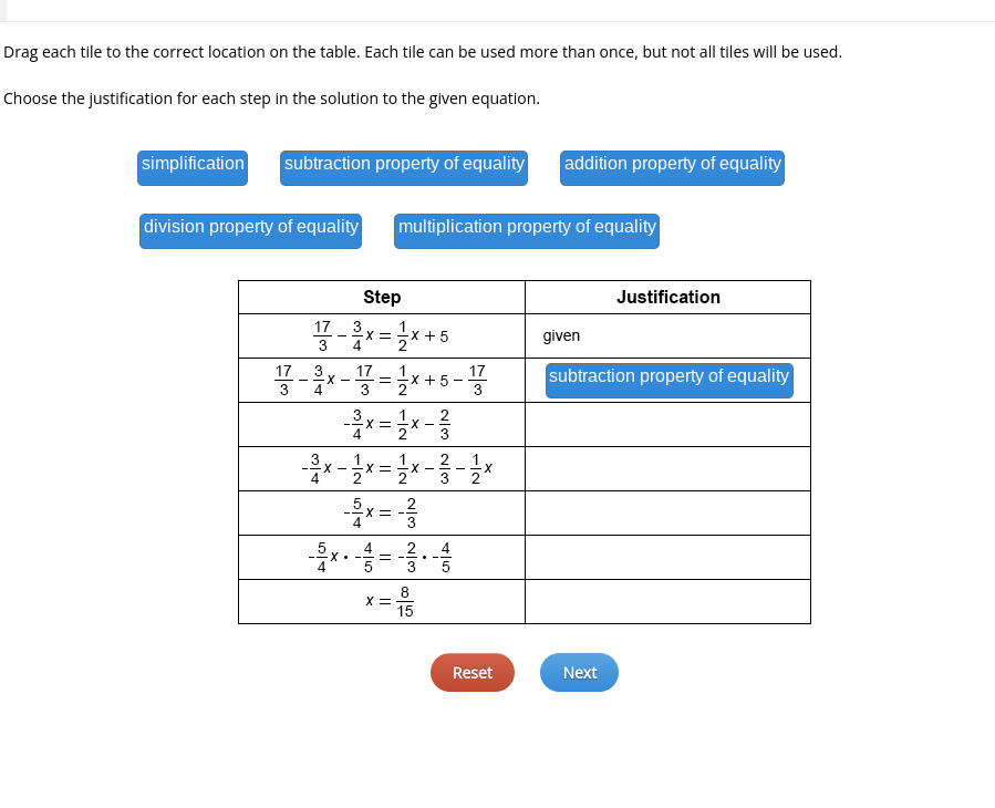 Drag each tile to the correct location on the table. Each tile can be used more than once, but not all tiles will be used.
Choose the justification for each step in the solution to the given equation.
simplification
subtraction property of equality
addition property of equality
division property of equality
multiplication property of equality
Step
Justification
17
X =
4
given
-X +5
subtraction property of equality
17
3
17
17
X + 5
3
-
4
3
2
-X-
X=
4
-
2
-
4
3
2
4
5x. -
4
4
.--
3
8
X =
15
Reset
Next
