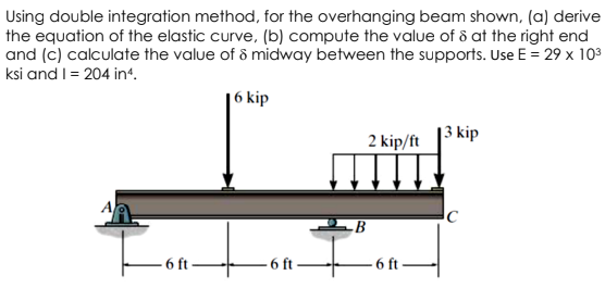 Using double integration method, for the overhanging beam shown, (a) derive
the equation of the elastic curve, (b) compute the value of ô at the right end
and (c) calculate the value of ô midway between the supports. Use E = 29 x 103
ksi and I= 204 int.
|6 kip
2 kip/ft
|3 kip
.B
6 ft-
- 6 ft-
6 ft
