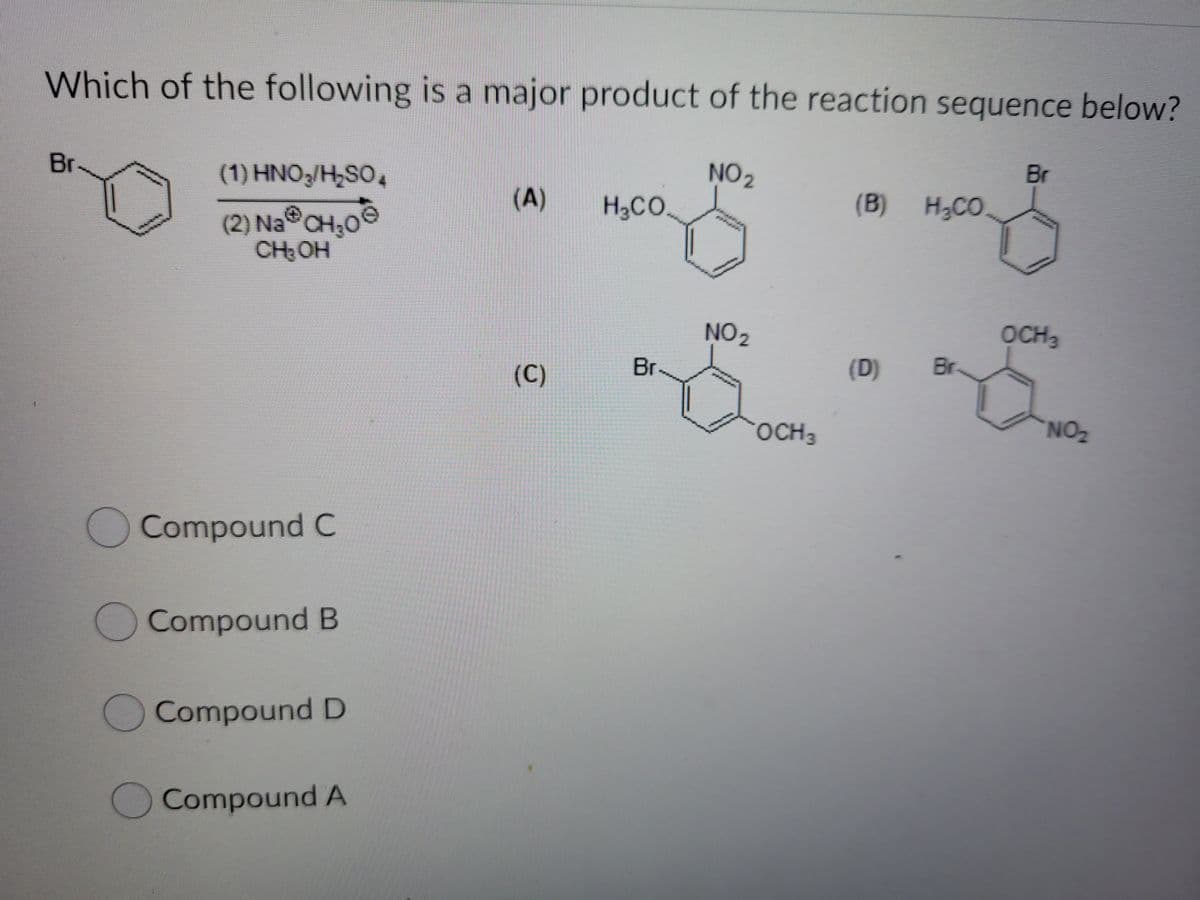 Which of the following is a major product of the reaction sequence below?
Br
(1) HNO3/H,SO4
NO2
Br
(A)
H3CO.
(B) H3CO
(2) Na CH,0
CH:OH
OCH3
Br
NO2
Br
(D)
(C)
OCH3
NO2
Compound C
O Compound B
Compound D
Compound A
