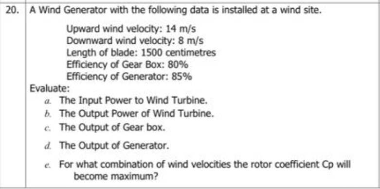 20. A Wind Generator with the following data is installed at a wind site.
Upward wind velocity: 14 m/s
Downward wind velocity: 8 m/s
Length of blade: 1500 centimetres
Efficiency of Gear Box: 80%
Efficiency of Generator: 85%
Evaluate:
a. The Input Power to Wind Turbine.
b. The Output Power of Wind Turbine.
c. The Output of Gear box.
d. The Output of Generator.
e. For what combination of wind velocities the rotor coefficient Cp will
become maximum?
