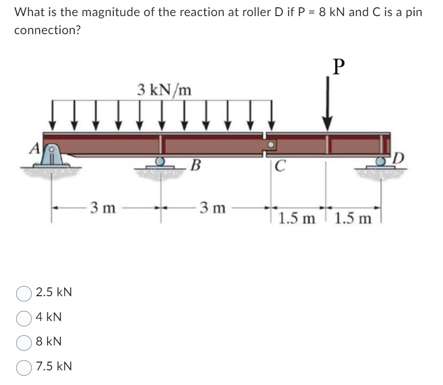 What is the magnitude of the reaction at roller D if P = 8 kN and C is a pin
connection?
2.5 kN
4 KN
8 kN
7.5 kN
- 3 m
3 kN/m
B
3 m
C
P
1.5 m 1.5 m
OD