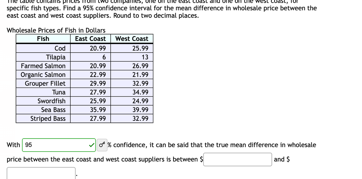 east coast and one
west coast,
The table contains prices from
mpanies,
specific fish types. Find a 95% confidence interval for the mean difference in wholesale price between the
east coast and west coast suppliers. Round to two decimal places.
Wholesale Prices of Fish in Dollars
Fish
East Coast
20.99
6
20.99
22.99
29.99
27.99
25.99
35.99
27.99
Cod
Tilapia
Farmed Salmon
Organic Salmon
Grouper Fillet
Tuna
Swordfish
Sea Bass
Striped Bass
West Coast
25.99
13
26.99
21.99
32.99
34.99
24.99
39.99
32.99
O % confidence, it can be said that the true mean difference in wholesale
and $
With 95
price between the east coast and west coast suppliers is between $