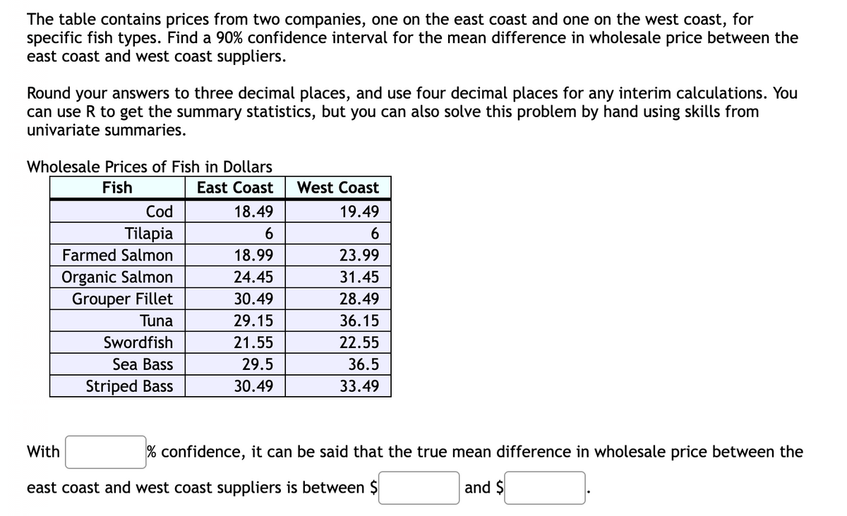 The table contains prices from two companies, one on the east coast and one on the west coast, for
specific fish types. Find a 90% confidence interval for the mean difference in wholesale price between the
east coast and west coast suppliers.
Round your answers to three decimal places, and use four decimal places for any interim calculations. You
can use R to get the summary statistics, but you can also solve this problem by hand using skills from
univariate summaries.
Wholesale Prices of Fish in Dollars
Fish
East Coast
18.49
6
18.99
24.45
30.49
29.15
21.55
29.5
30.49
Cod
Tilapia
Farmed Salmon
Organic Salmon
Grouper Fillet
Tuna
Swordfish
Sea Bass
Striped Bass
West Coast
19.49
6
23.99
31.45
28.49
36.15
22.55
36.5
33.49
With
east coast and west coast suppliers is between $
% confidence, it can be said that the true mean difference in wholesale price between the
and $