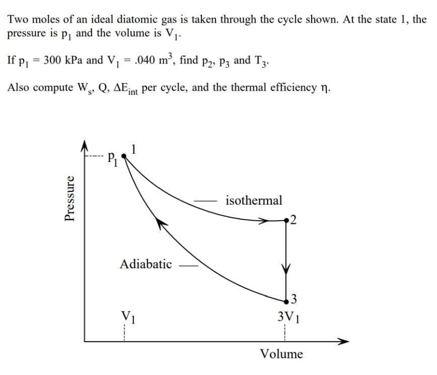 Two moles of an ideal diatomic gas is taken through the cycle shown. At the state 1, the
pressure is p, and the volume is V,.
If p1 = 300 kPa and V = .040 m³, find p2, P3 and T3.
Also compute W, Q, AE;int per cycle, and the thermal efficiency n.
isothermal
2
Adiabatic
3
V1
3V1
Volume
Pressure
