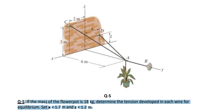 C+2m
3 m
6 m
Q-5
Q-5:If the mass of the flowerpot is 18 kg, determine the tension developed in each wire for
equilibrium. Set x = 1.7 m and z = 1.2 m.
