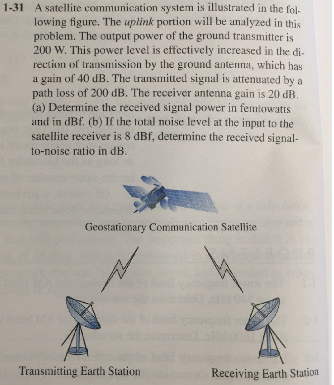 1-31 A satellite communication system is illustrated in the fol-
lowing figure. The uplink portion will be analyzed in this
problem. The output power of the ground transmitter is
200 W. This power level is effectively increased in the di-
rection of transmission by the ground antenna, which has
a gain of 40 dB. The transmitted signal is attenuated by a
path loss of 200 dB. The receiver antenna gain is 20 dB.
(a) Determine the received signal power in femtowatts
and in dBf. (b) If the total noise level at the input to the
satellite receiver is 8 dBf, determine the received signal-
to-noise ratio in dB.
Geostationary Communication Satellite
Transmitting Earth Station
421
Receiving Earth Station