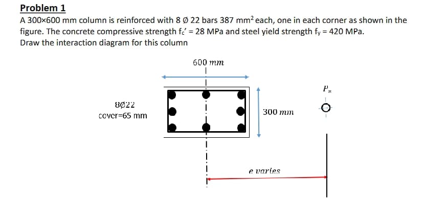 Problem 1
A 300×600 mm column is reinforced with 8 0 22 bars 387 mm² each, one in each corner as shown in the
figure. The concrete compressive strength fc' = 28 MPa and steel yield strength fy = 420 MPa.
Draw the interaction diagram for this column
8022
cover=65 mm
600 mm
PR
300 mm
e varies