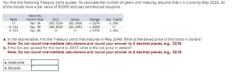 You find the following Treasury bond quotes. To calculate the number of years until maturity, assume that it is currently May 2022. All
of the bonds have a par value of $1.000 and pay semiannual coupons.
Rate
??
6.152
6.153
Maturity
Month/Year
May 34
May 39
May 49
Bid
103.5314
104.4926
??
Asked
Change
103.5436 +.3274
104.6383 +.4269
??
+.5379
Ask Yield
5.959
??
3.991
a. In the above table, find the Treasury bond that matures in May 2049. What is the asked price of this bond in dollars?
Note: Do not round intermediate calculations and round your answer to 2 decimal places, e.g., 32.16.
b. If the bid-ask spread for this bond is 0647, what is the bid price in dollars?
Note: Do not round intermediate calculations and round your answer to 2 decimal places, e.g., 32.16.
a. Asked price
b. Bid price