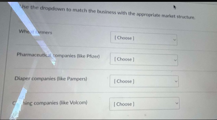 Use the dropdown to match the business with the appropriate market structure.
Wheat Farmers
Pharmaceutical companies (like Pfizer)
Diaper companies (like Pampers)
Ching companies (like Volcom)
[Choose]
[Choose]
[Choose ]
[Choose]